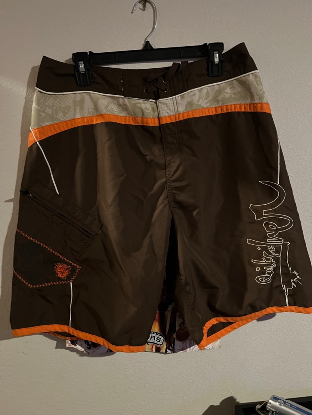 Vintage Quiksilver Men’s Brown and Orange Swim Trunks